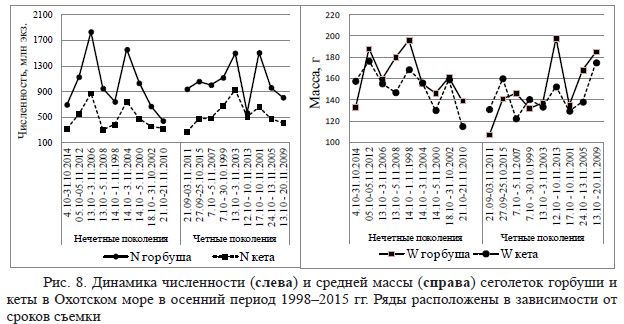 Рис. 8. Динамика численности (слева) и средней массы (справа) сеголеток горбуши и кеты в Охотском море в осенний период 1998-2015 гг. Ряды расположены в зависимости от сроков съемки