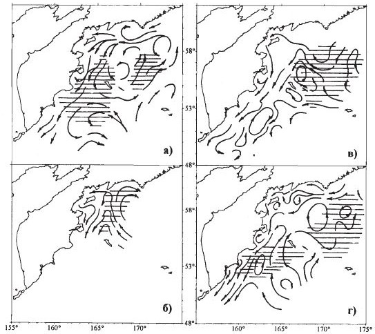 Геострофические течения на поверхности в западной части Берингова моря и в тихоокеанских водах восточной Камчатки летом 1991 (а), 1992 (б), 1993 (в) и 1995 (г) гг. Ш три-ховкой показаны районы концентраций неполовозрелой кеты (без сеголеток)